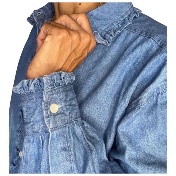 Gitano Vtg Denim Top w Ruffles Button Up Jean Shirt 80s 90s Sz L Office - Picture 1 of 11